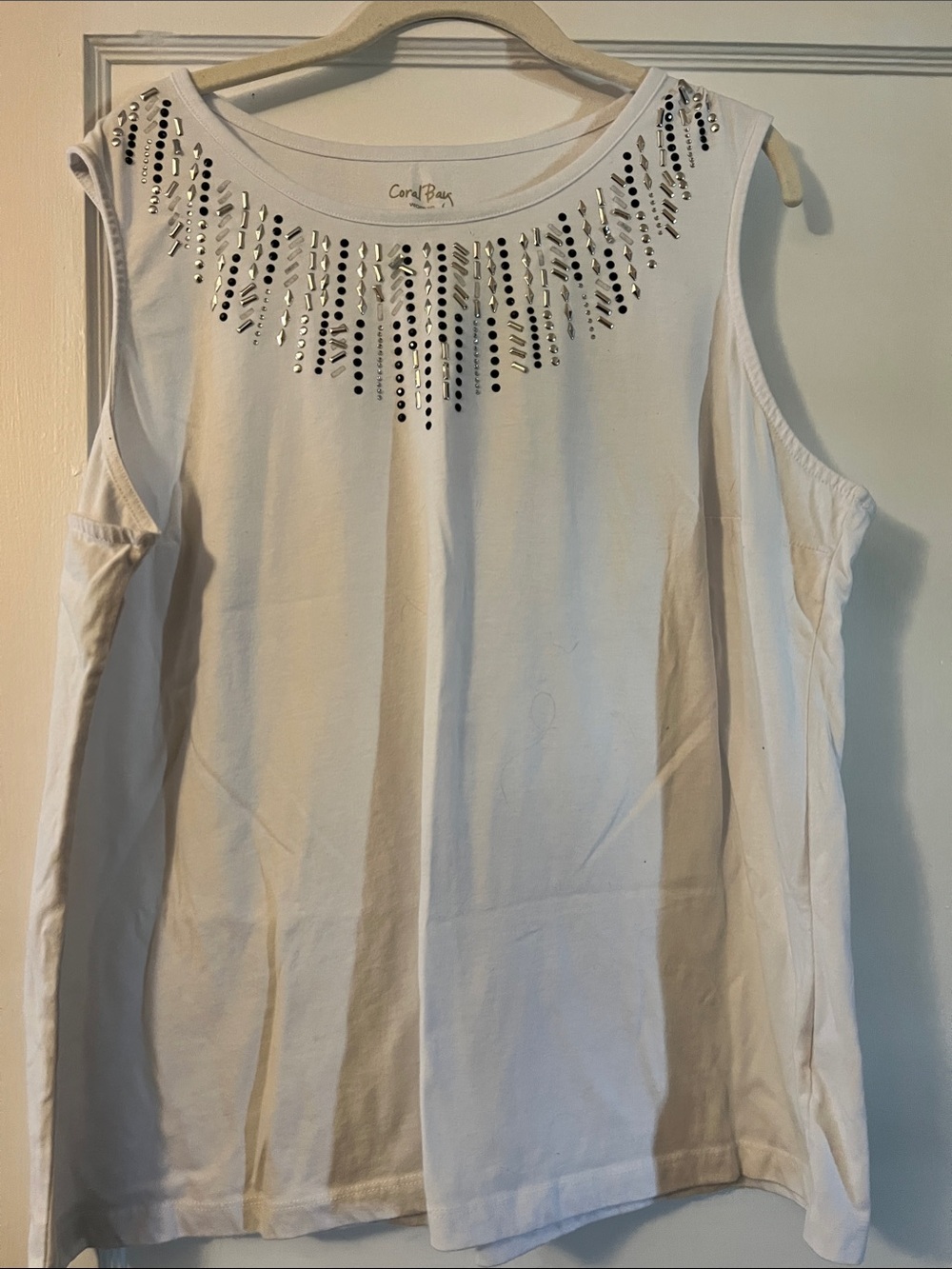 Coral Bay White Cold-Shoulder Tank with Silver Embellishments